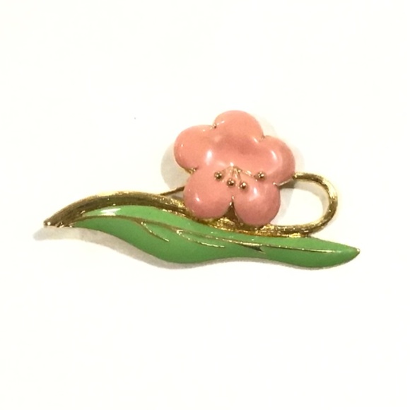 Monet Pink & Green Enamel Flower Pin - Picture 2 of 4
